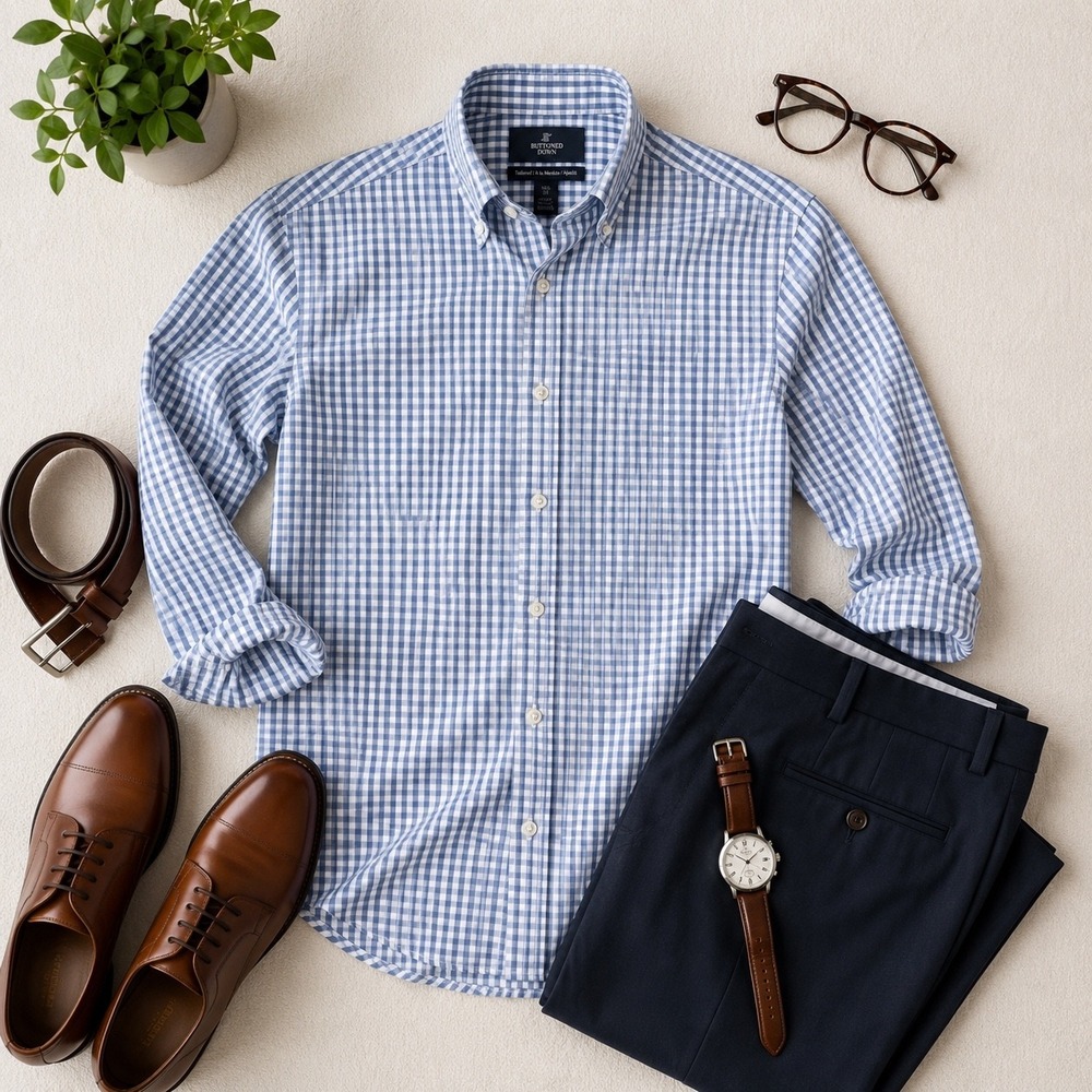 Buttoned‎ Down Dress Shirt Mens 16.5 34 Blue Gingham Tailored Fit Long Slv